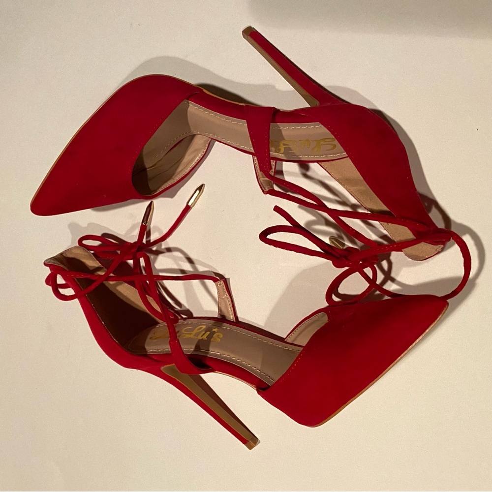 Lulus Red Lace Up Heels Faux Suede Size 7.5 High Heels
